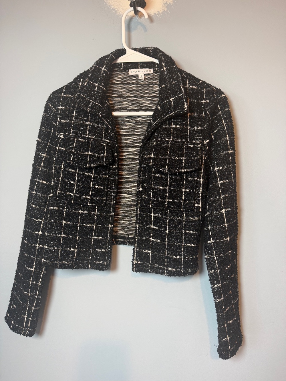 Sincerely Jules Black & White Tweed Cropped Blazer with shimmer